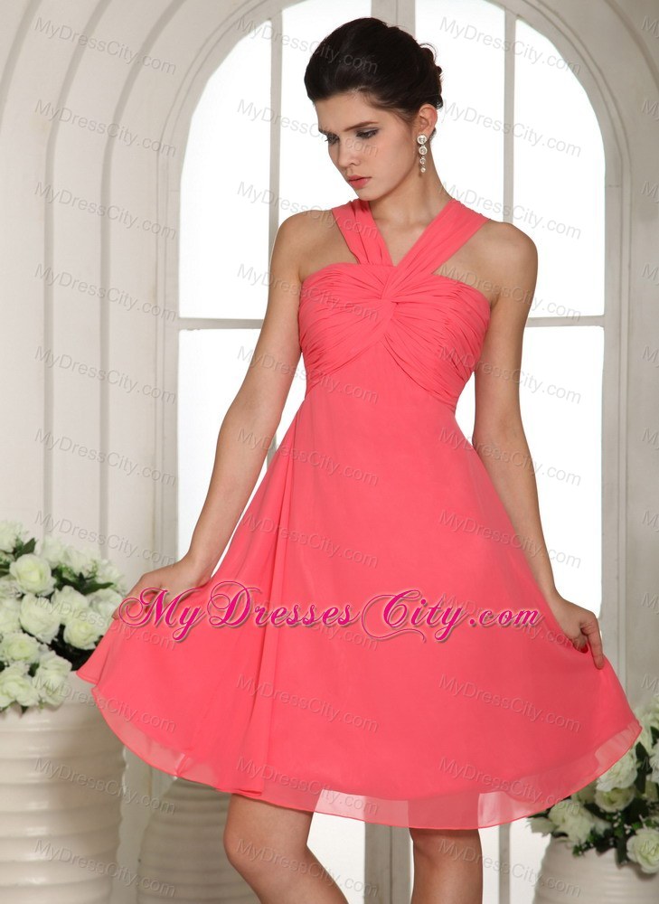 V-neck Watermelon Ruched Decorated Bust 2013 Bridesmaid Dress