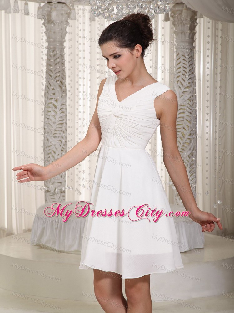Simple White Empire V-neck Mini-length Chiffon Bridesmaid Gown