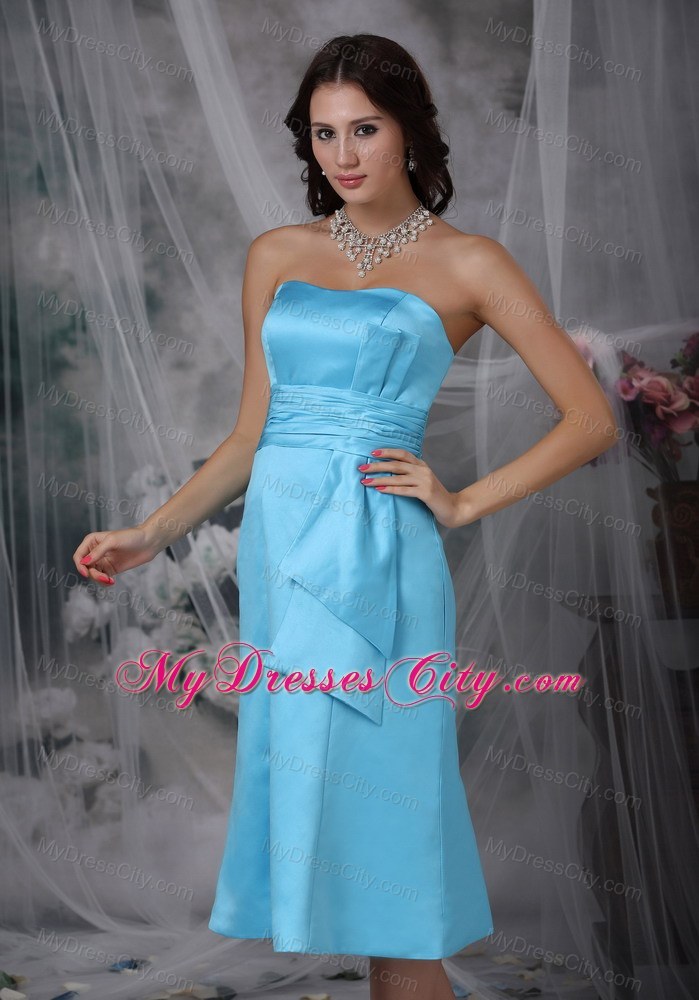 Column Strapless Tea-length Ruched Aqua Blue Bridesmaid Dress