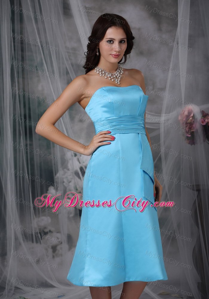 Column Strapless Tea-length Ruched Aqua Blue Bridesmaid Dress