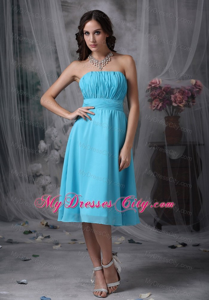 Aqua Blue Empire Strapless Knee-length Ruched Bridesmaid Gown ...