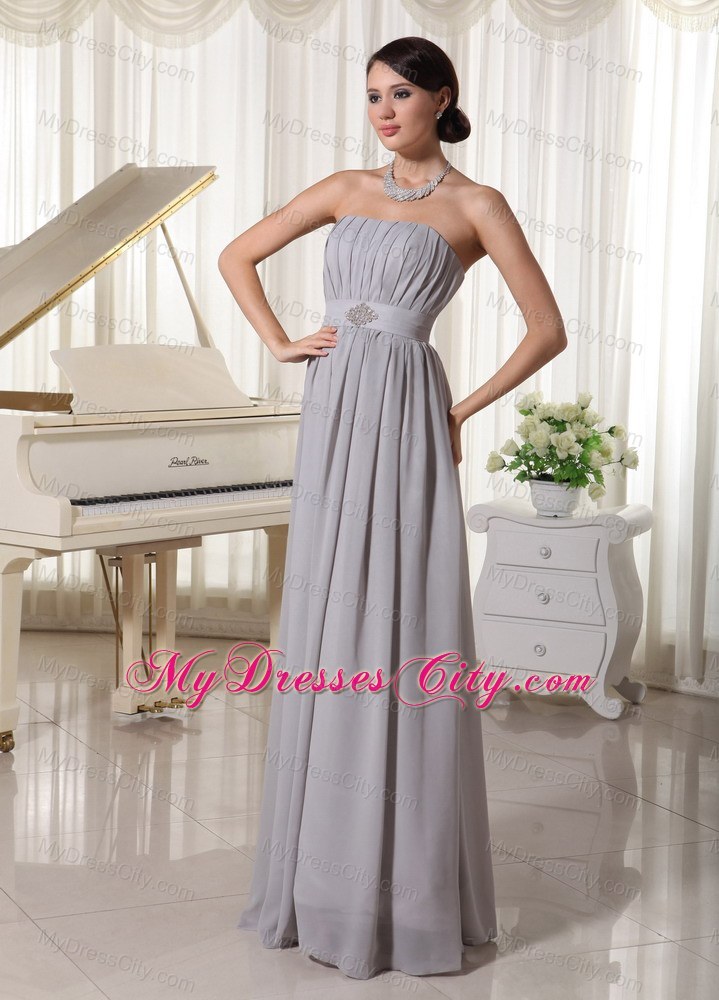 Simple Grey Empire Bridesmaid Dress with Ruching and Beading