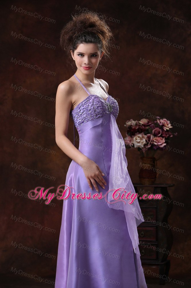 Halter Beading Chiffon Empire Long Lilac Maid of Honor Dress