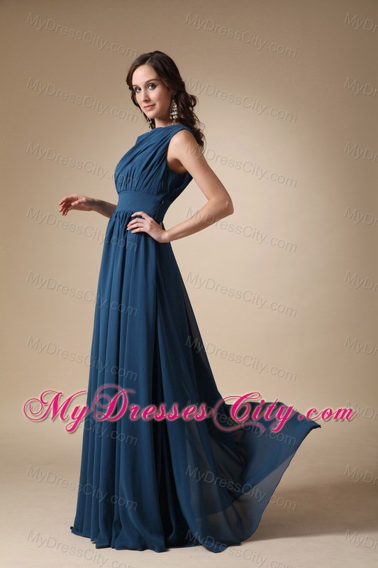 Cool Neckline Empire Ruches Chiffon Navy Blue Prom Dress for Girls