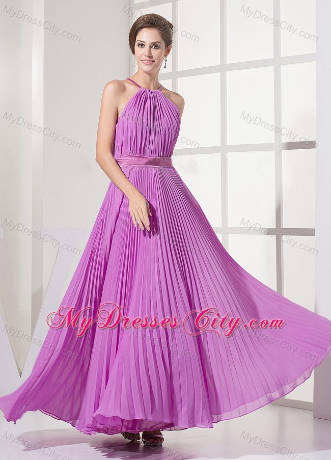 Pleat Chiffon Long Lavender Prom Dress With Cool Neckline