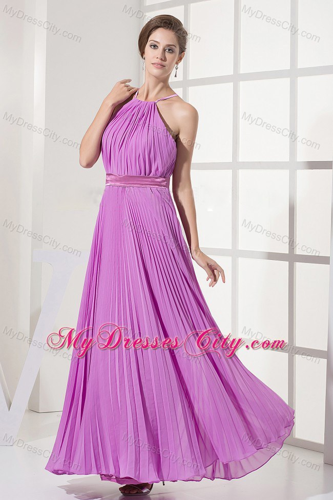 Pleat Chiffon Long Lavender Prom Dress With Cool Neckline