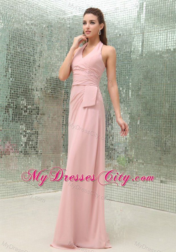 Chiffon Halter Ruching Zipper Back Light Pink Prom Dresses