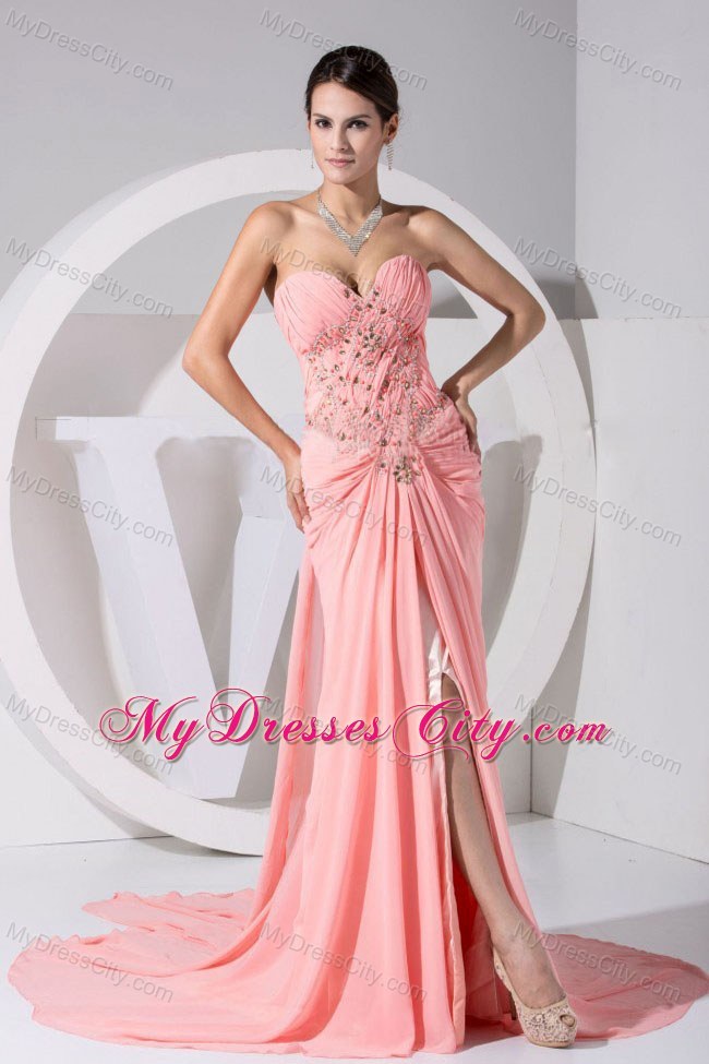 High Slit Chiffon Sweetheart Beading and Ruches 2013 Pink Prom Gowns