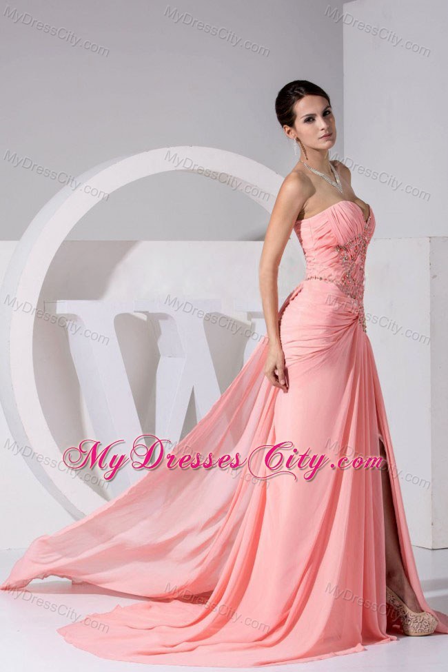 High Slit Chiffon Sweetheart Beading and Ruches 2013 Pink Prom Gowns