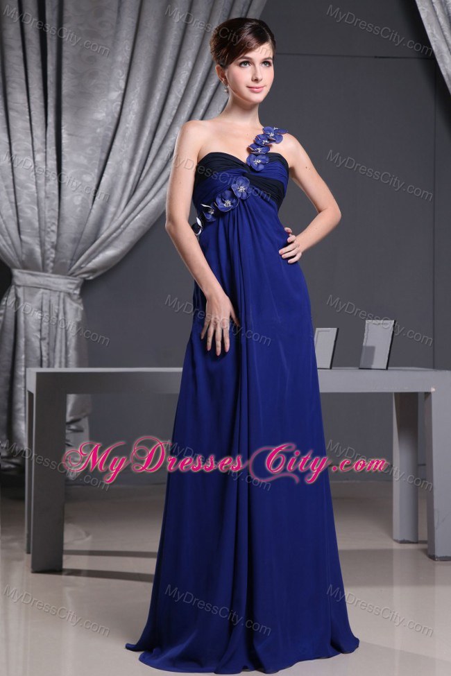 Hand Made Flowers Decorate One Shoulder Chiffon Blue Prom Dress