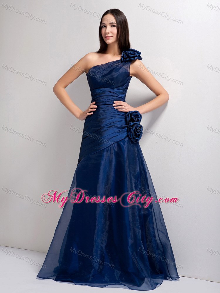 Single Shoulder Ruches Hand Made Flowers Navy Blue Prom Dress