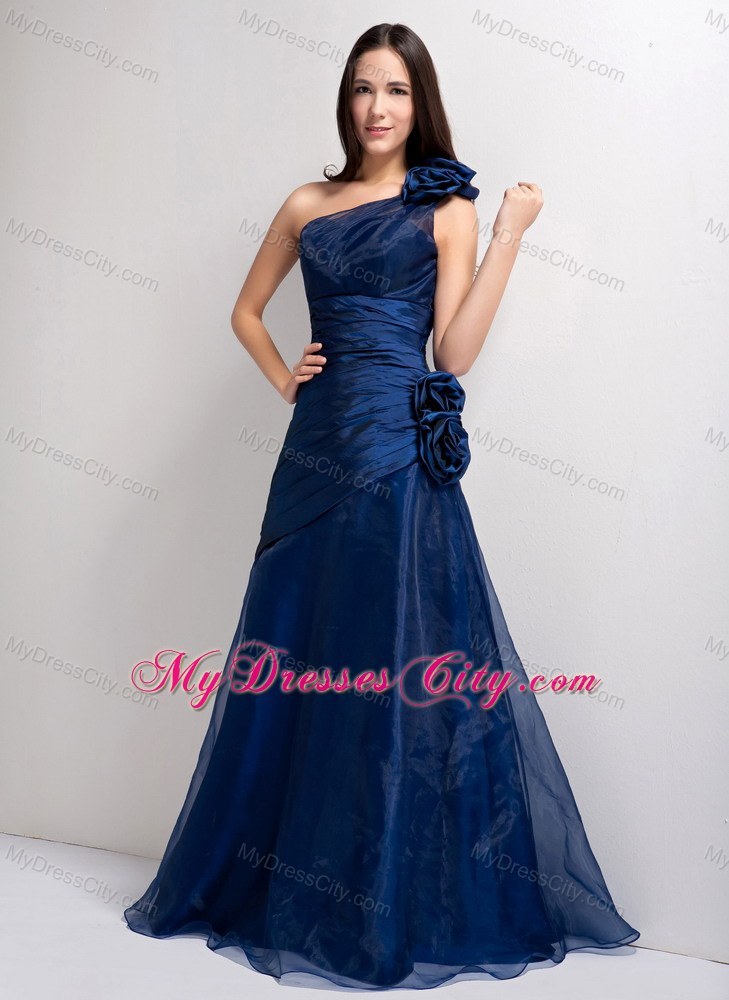 Single Shoulder Ruches Hand Made Flowers Navy Blue Prom Dress