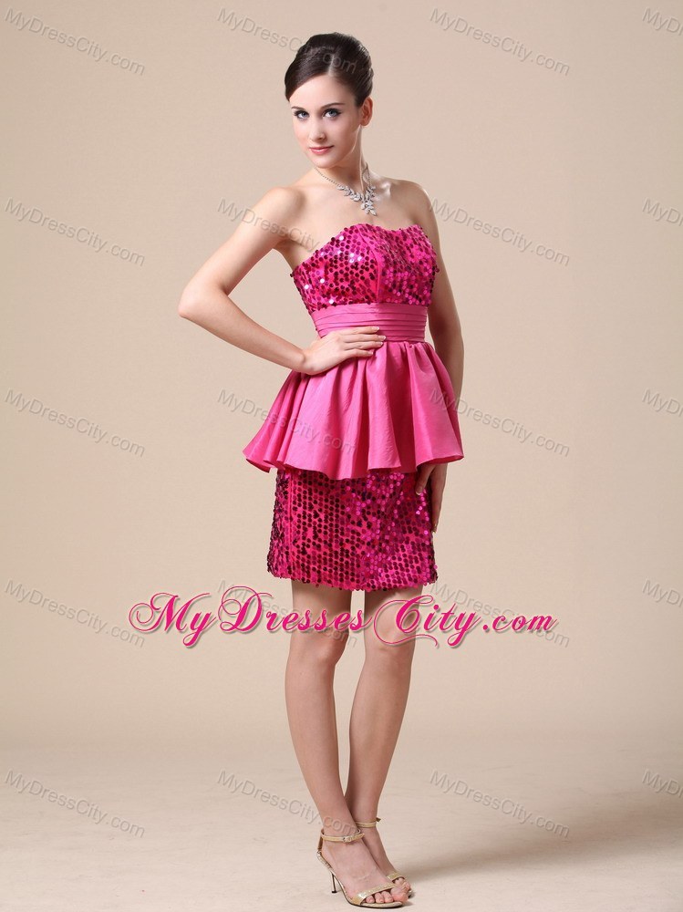 Paillette Over Skirt Column Strapless Peplums Hot Pink Prom Dress