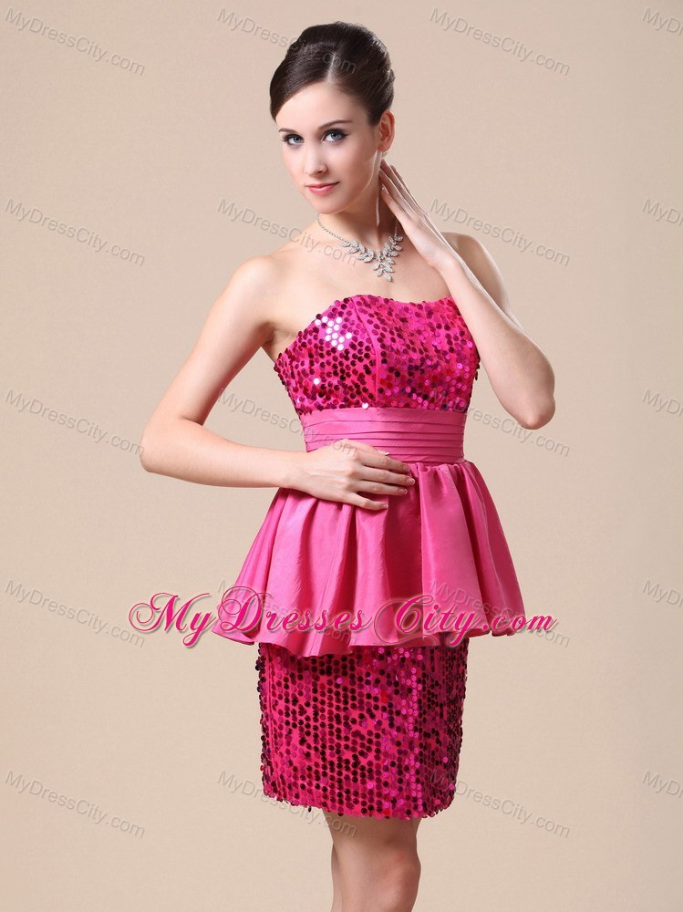 Paillette Over Skirt Column Strapless Peplums Hot Pink Prom Dress