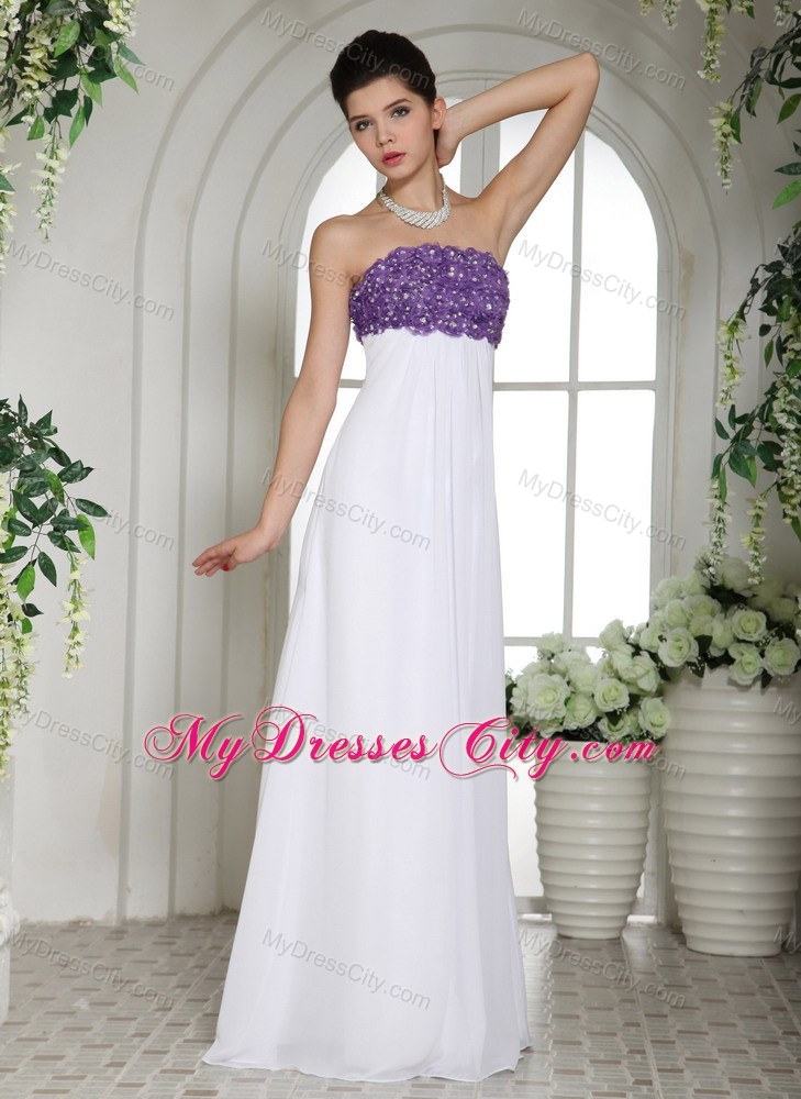 Chiffon Strapless Beading Flower Decorate 2013 White Prom Dress