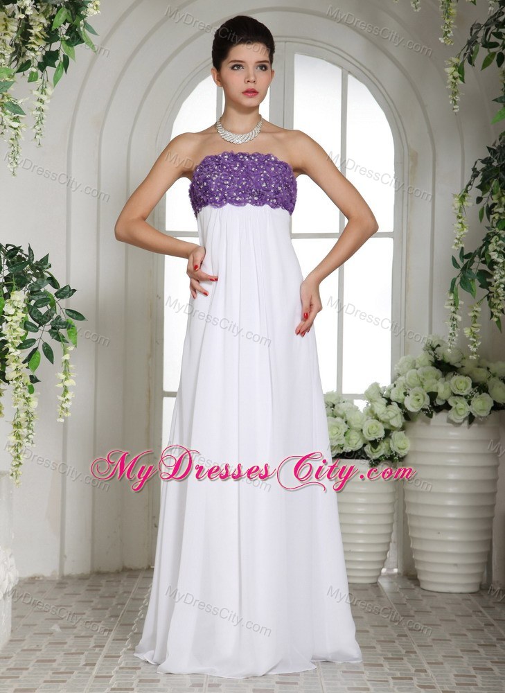 Chiffon Strapless Beading Flower Decorate 2013 White Prom Dress
