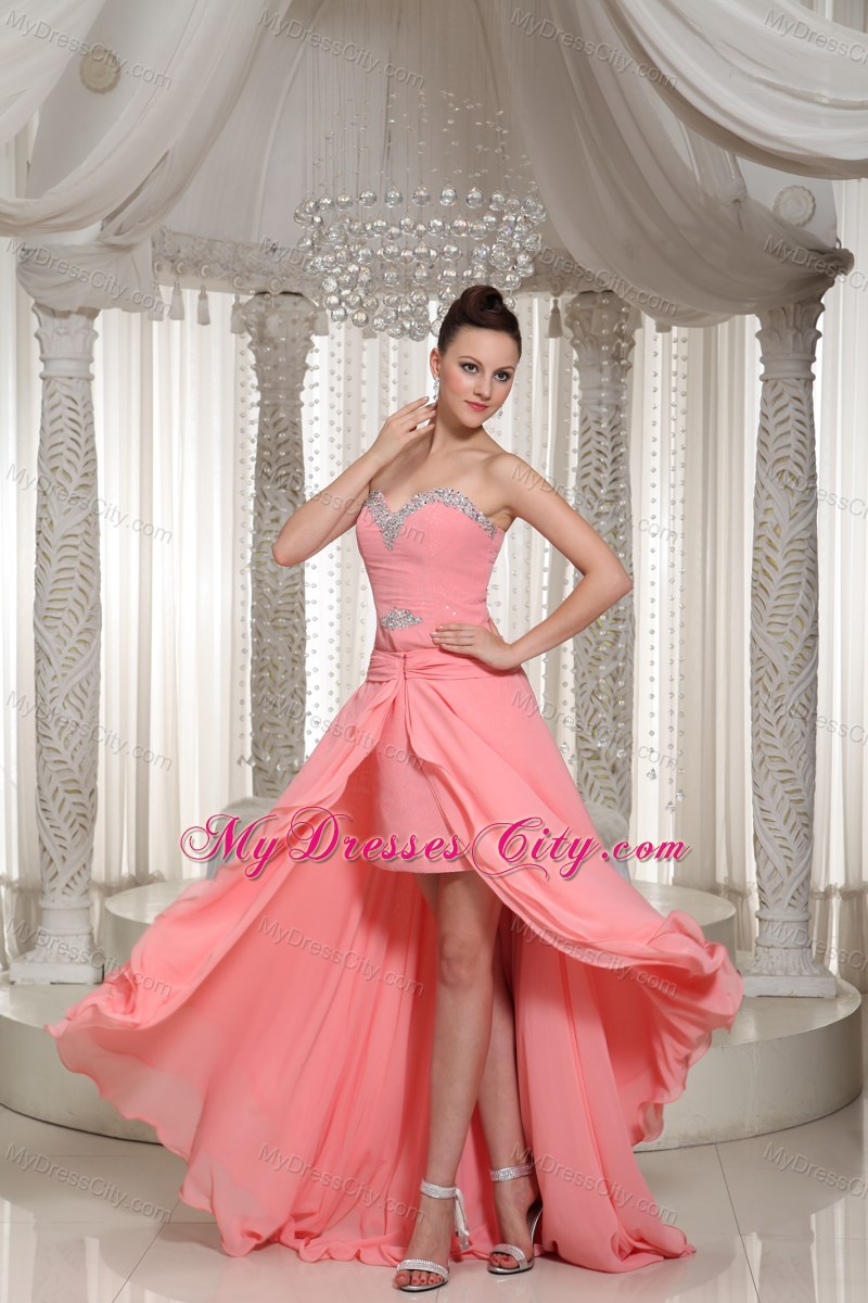 Beaded Decorate High-low Chiffon Watermelon Pink Prom Dress