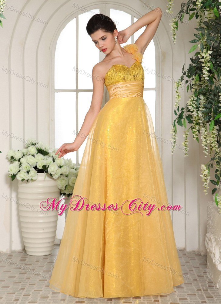 One Shoulder Hand Flowers Strap Sequined Light Yellow Prom Dress