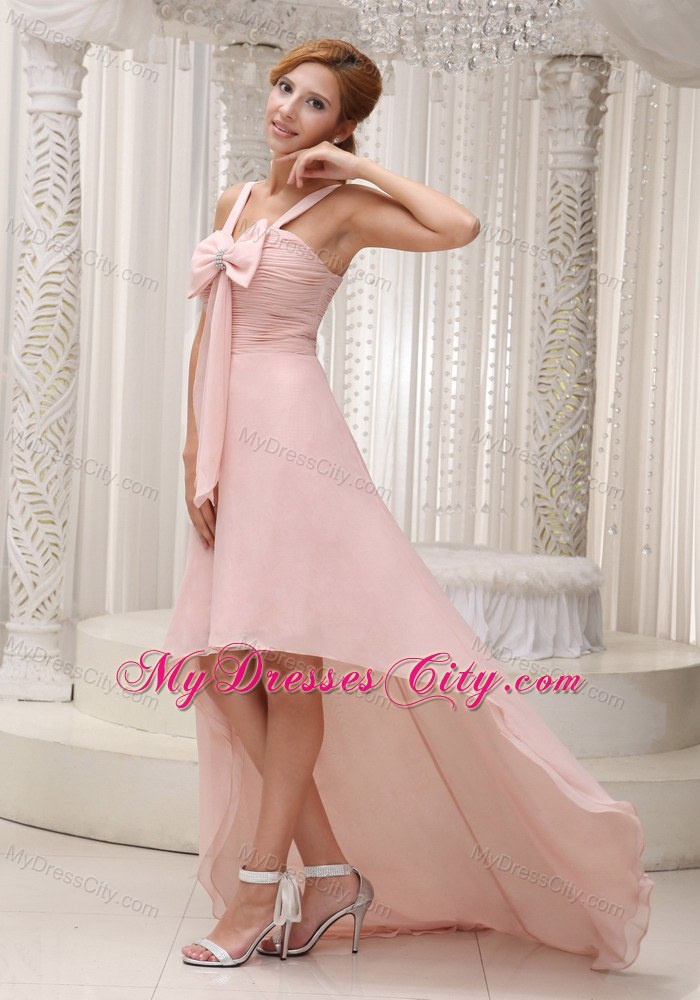 Ruched High-low Bowknot Chiffon Pink Prom Dress with Train