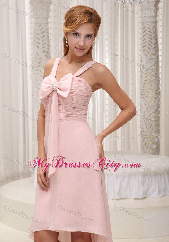 Ruched High-low Bowknot Chiffon Pink Prom Dress with Train
