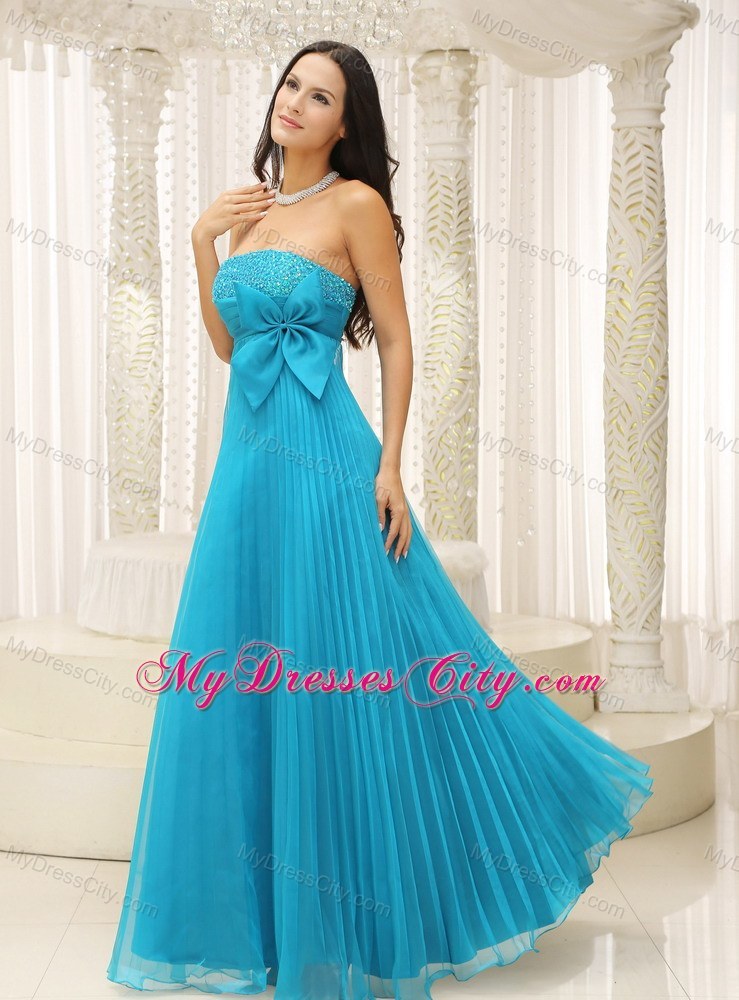 Beading Teal Pleated Prom Evening Dress With Bowknot