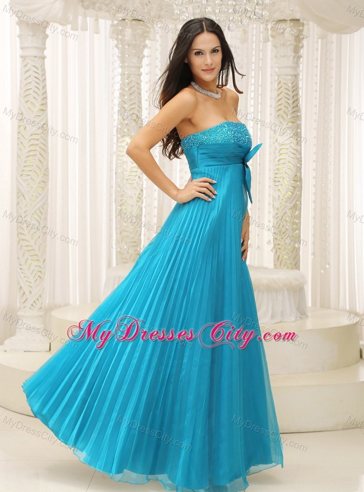 Beading Teal Pleated Prom Evening Dress With Bowknot