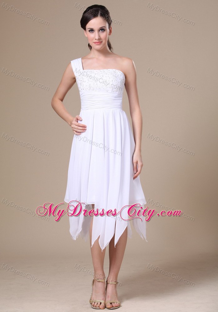 One Shoulder White Asymmetrical Prom Dress With Appliques