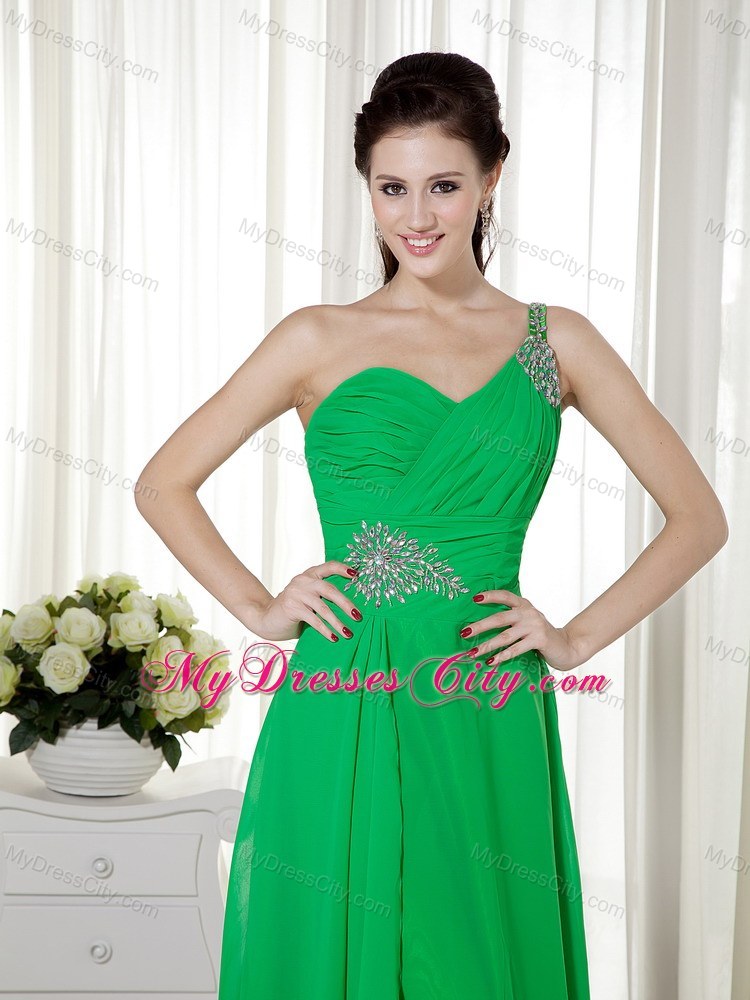 Empire Beaded One Shoulder Chiffon Green Prom Dress