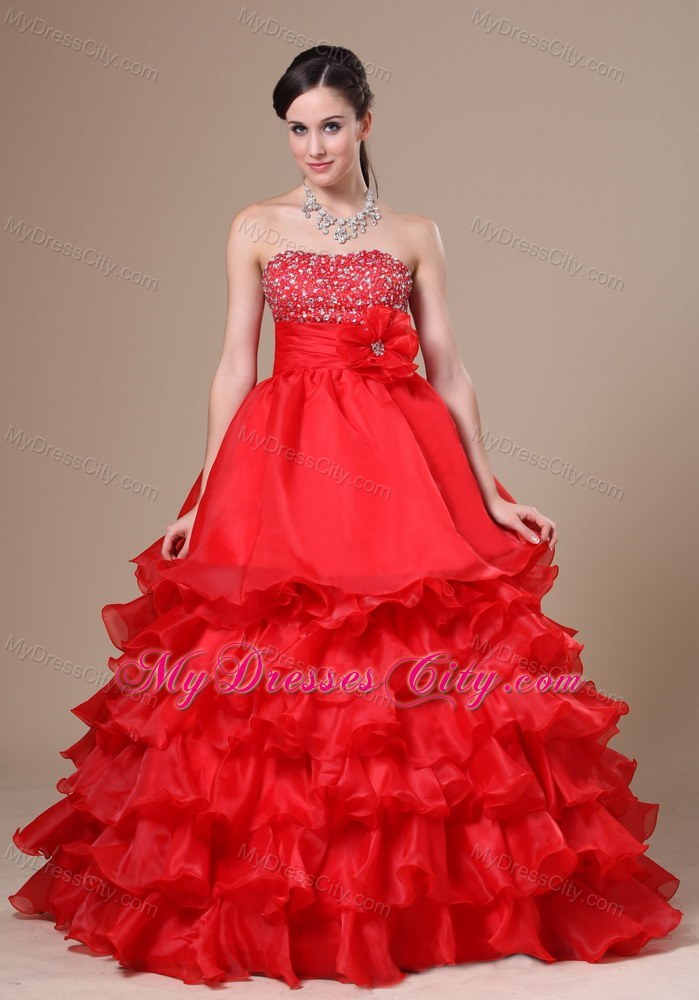 Beaded Flower Strapless Red Prom Dresses with Ruffles