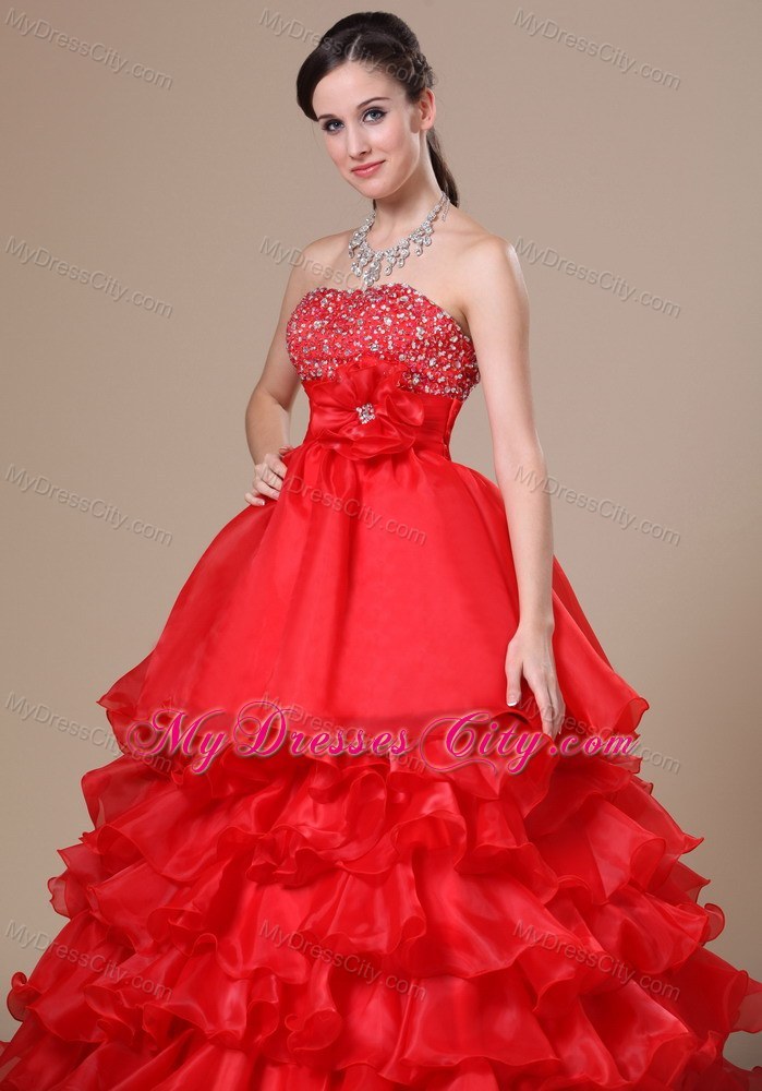 Beaded Flower Strapless Red Prom Dresses with Ruffles