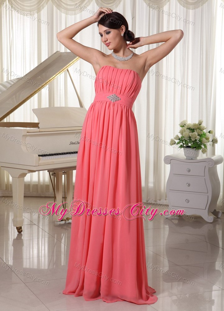 Watermelon Red Empire Chiffon Prom Dress With Ruches