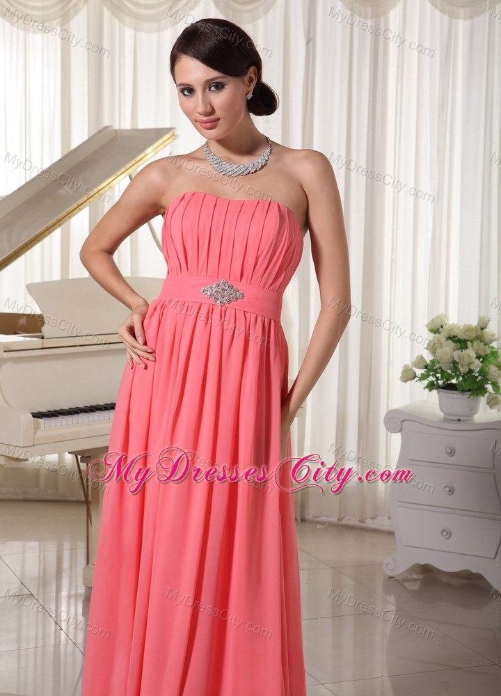 Watermelon Red Empire Chiffon Prom Dress With Ruches