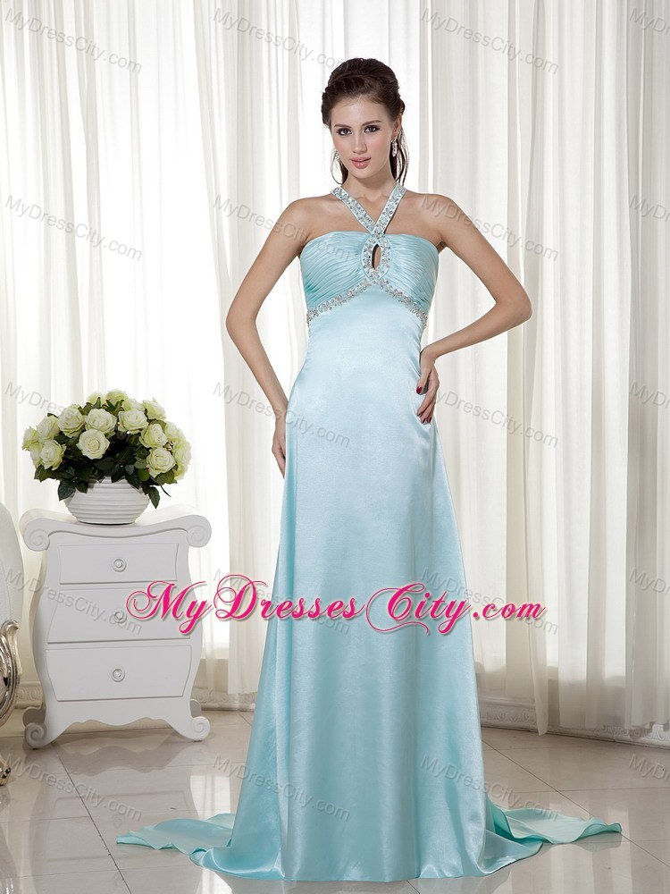 Long Blue Empire Halter Beading Prom Dress with Train