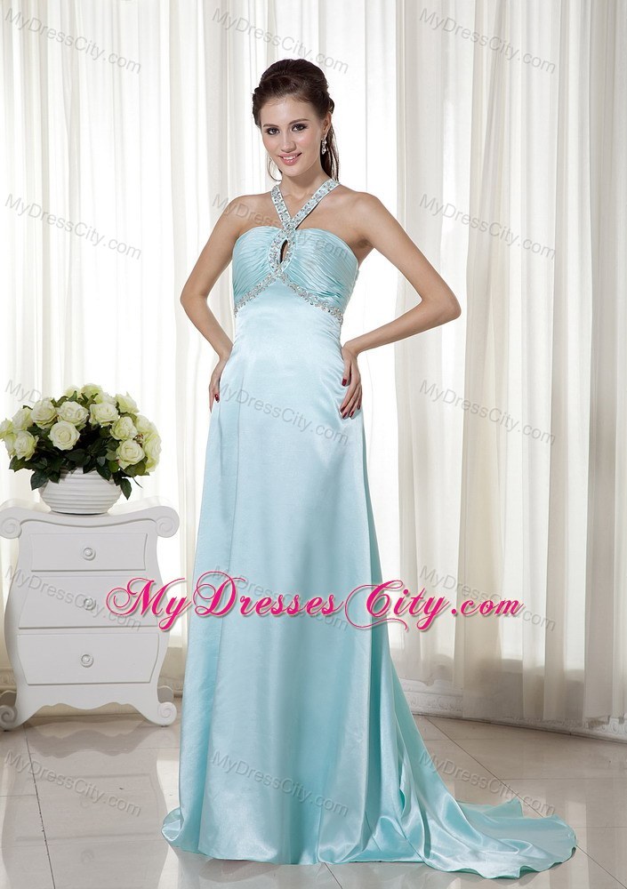 Long Blue Empire Halter Beading Prom Dress with Train