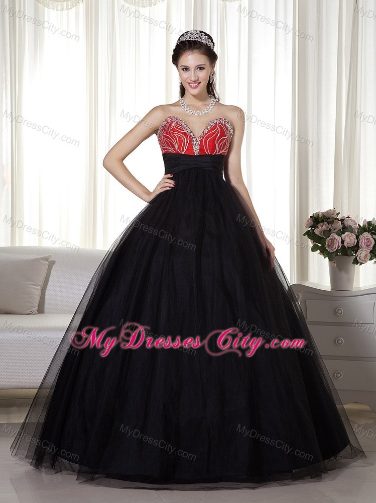 Beaded A-line Sweetheart Tulle Black and Red Prom Dress
