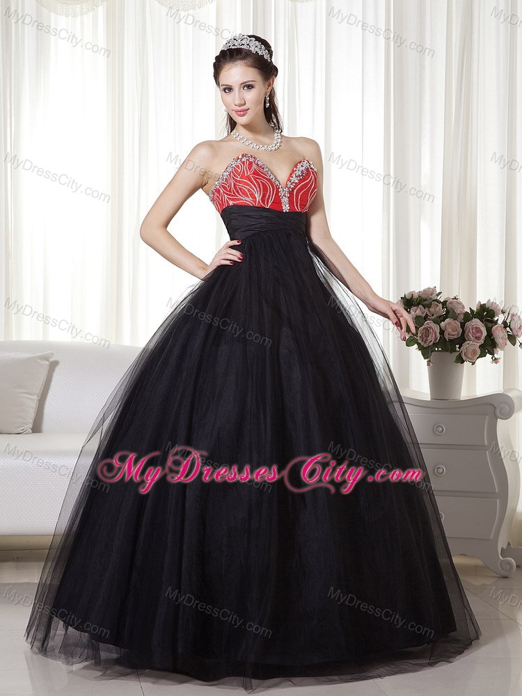Beaded A-line Sweetheart Tulle Black and Red Prom Dress