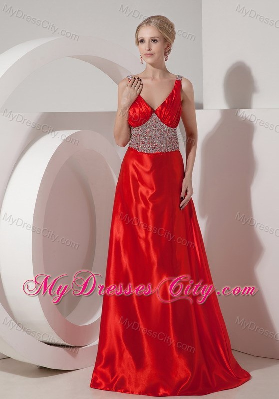 Silk Like Satin Red A-line V-neck Beading Brush Train Prom Dress