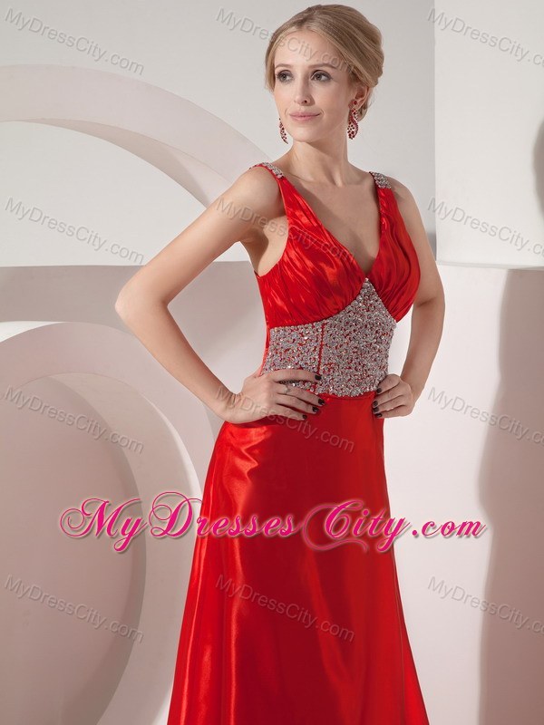 Silk Like Satin Red A-line V-neck Beading Brush Train Prom Dress