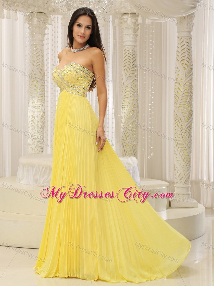 Yellow Sweetheart and Beaded Decorated Bust Pleated Prom Dress