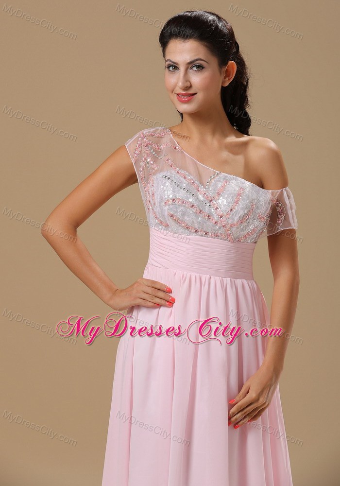 Baby Pink Chiffon Floor-length Prom Dress with Asymmetric Neckline