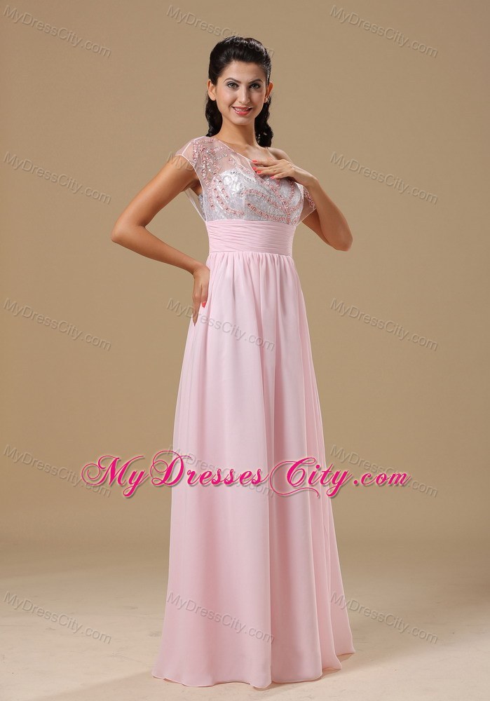 Baby Pink Chiffon Floor-length Prom Dress with Asymmetric Neckline