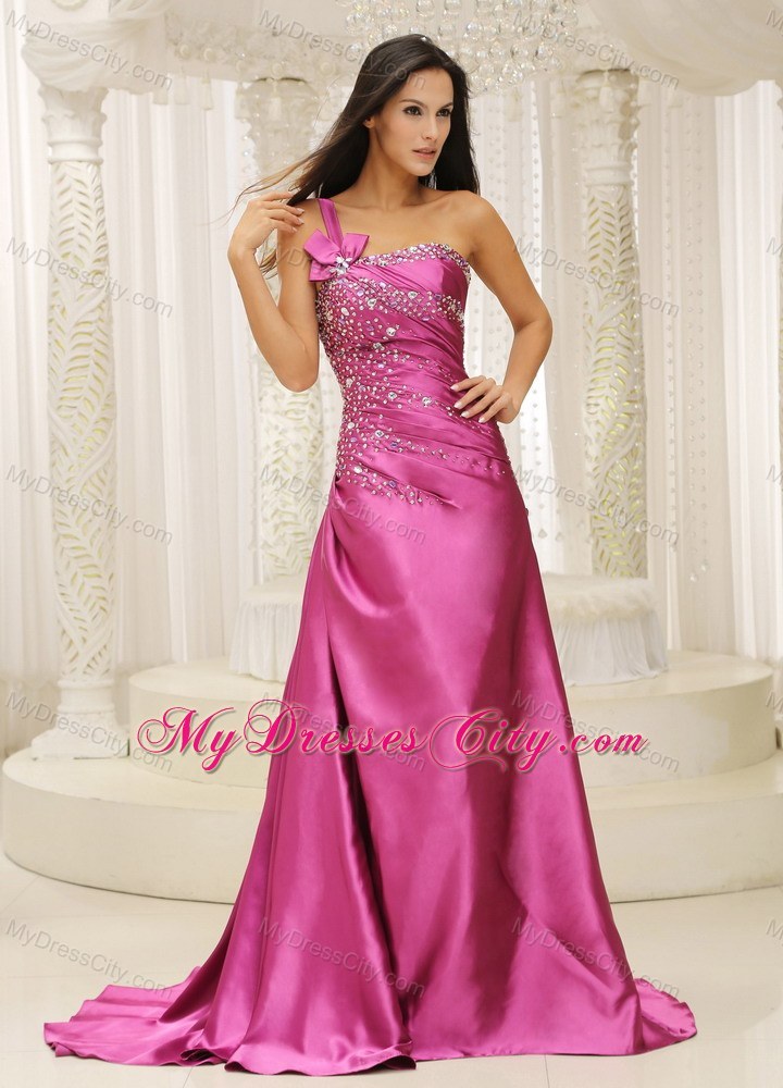 Charming One Shoulder Beaded Decorated Satin Prom Dress in Fuchsia