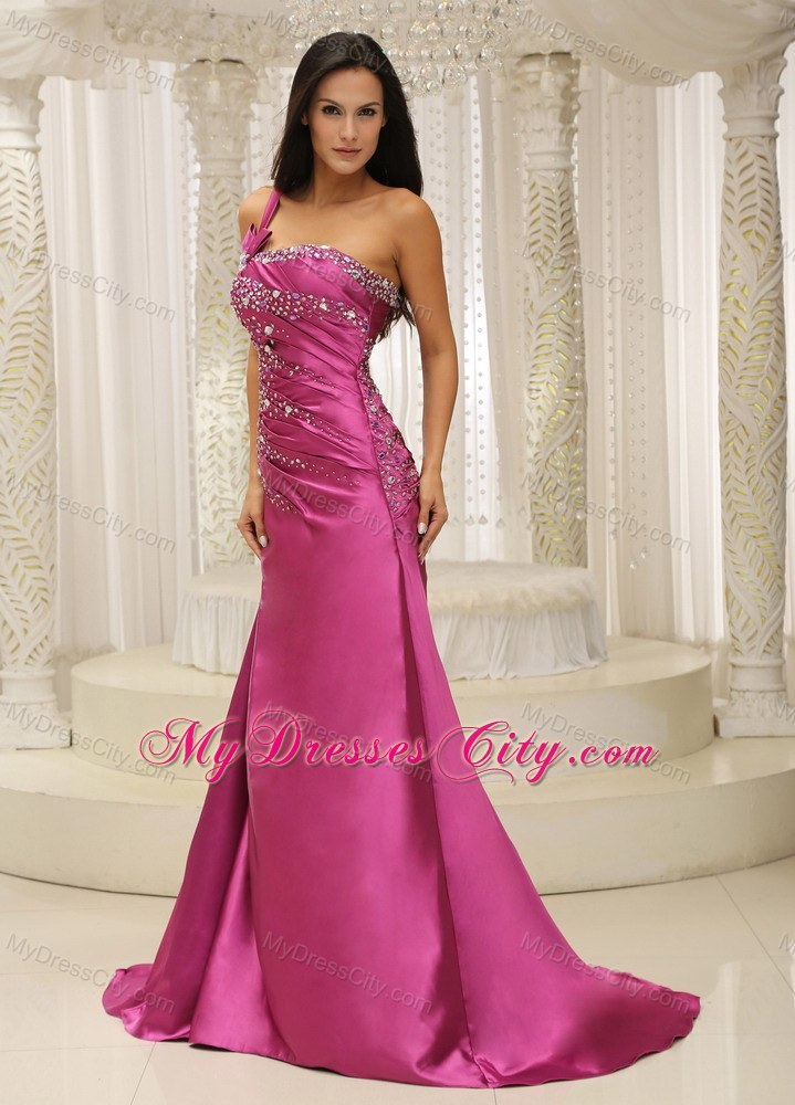 Charming One Shoulder Beaded Decorated Satin Prom Dress in Fuchsia
