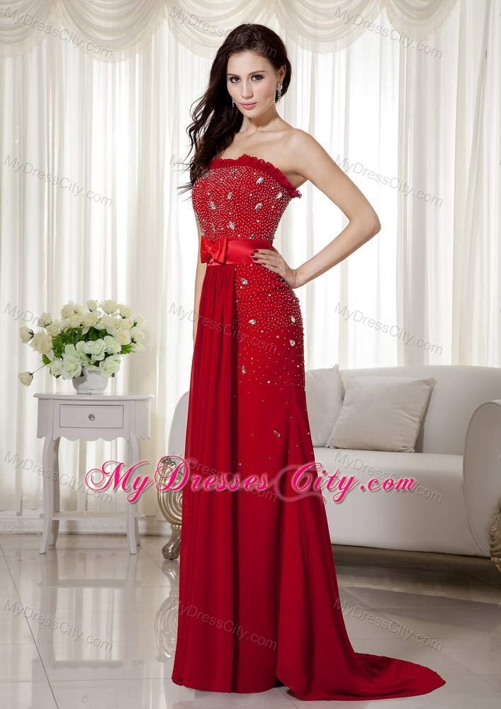 Wine Red Strapless Beading Brush Train Prom Dress with Bowknot
