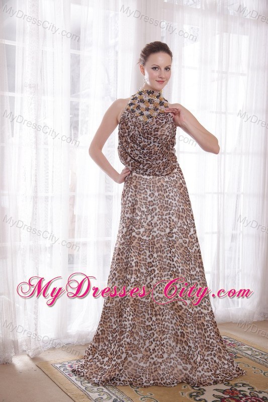 Sexy Empire High-neck Brush Train Leopard Beaded Prom Dress