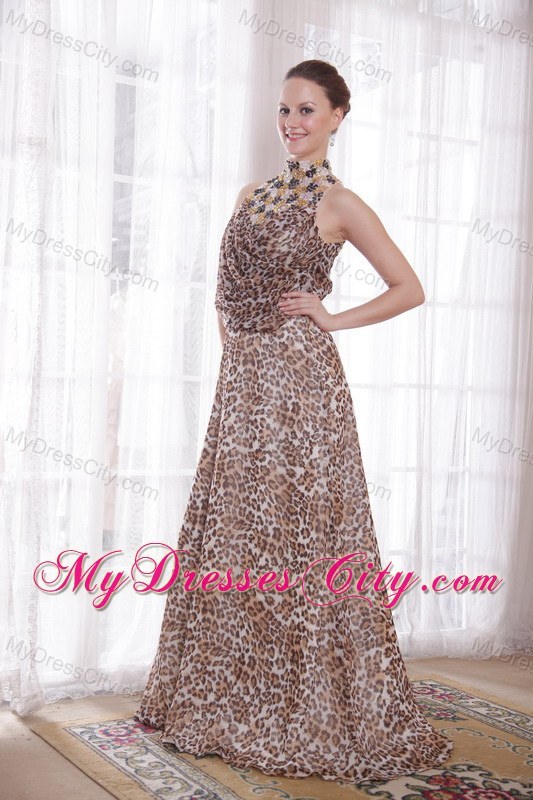 Sexy Empire High-neck Brush Train Leopard Beaded Prom Dress