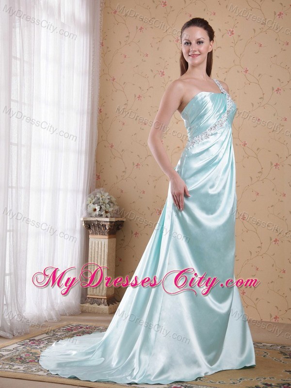 Long One Shoulder Beading Prom Dress with Brush Train