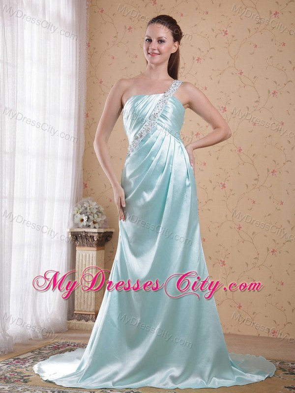 Long One Shoulder Beading Prom Dress with Brush Train