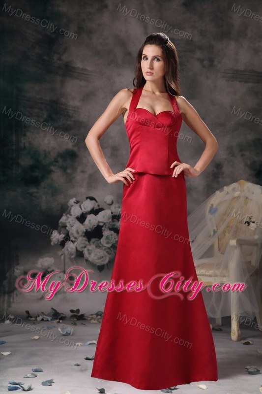 Perfect Red Column Halter Top Satin Prom Bridesmaid Dress