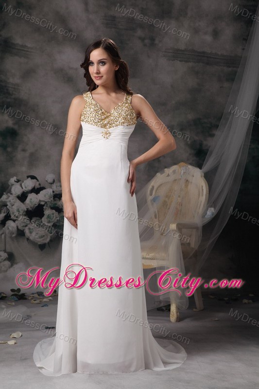 Slinky White V-neck Beading Prom Wedding Dress with Train